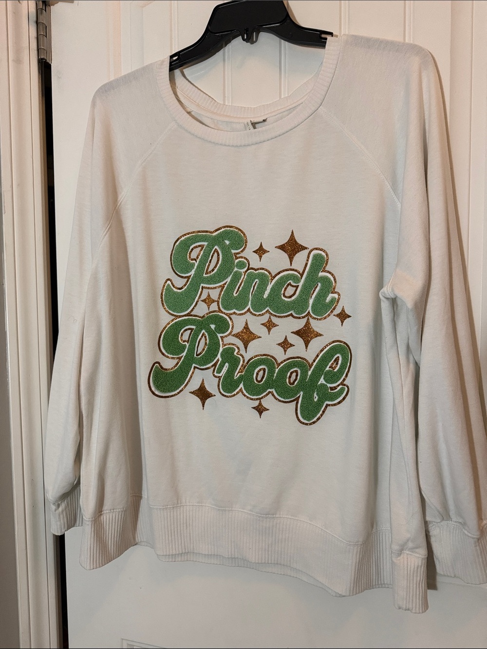 Cato White Sweatshirt with Green & Gold "Pinch Proof" Graphic